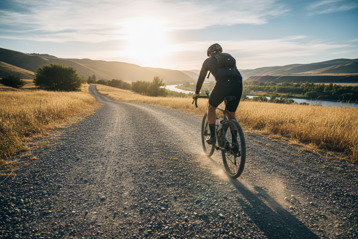 sunny day and gravel cyclist back view on his gravel bicycle. Picture captured with Iphone 15
